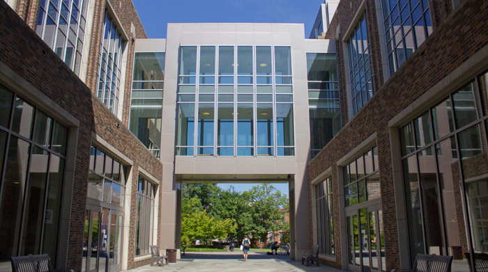 The unique design of the Fitzpatrick Center for Interdisciplinary Engineering, Medicine and Applied Sciences at the Pratt School of Engineering drives interdisciplinary activity and encourages creative interaction.